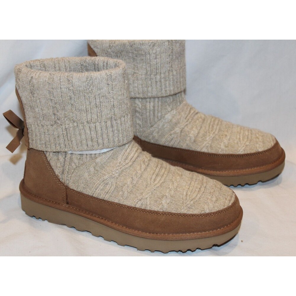 UGG WOMEN'S SUEDE CABLE SWEATER KNIT CHESTNUT NATURAL BOOTS NIB SZ 8